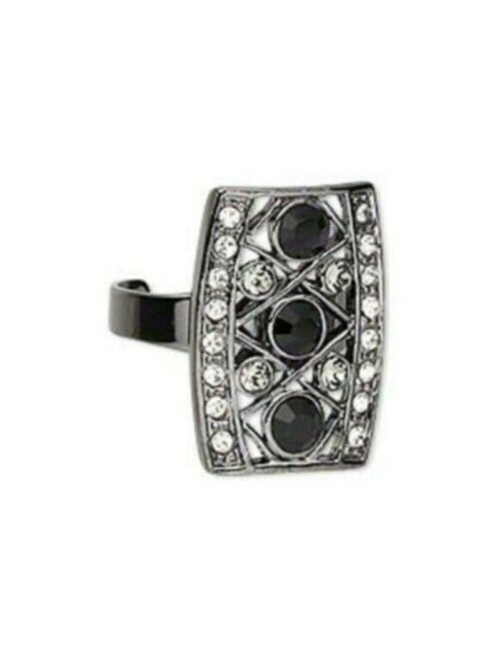 Art Deco Style Gunmetal Gray Black Clear Crystal Rhinestone Adjustable Ring